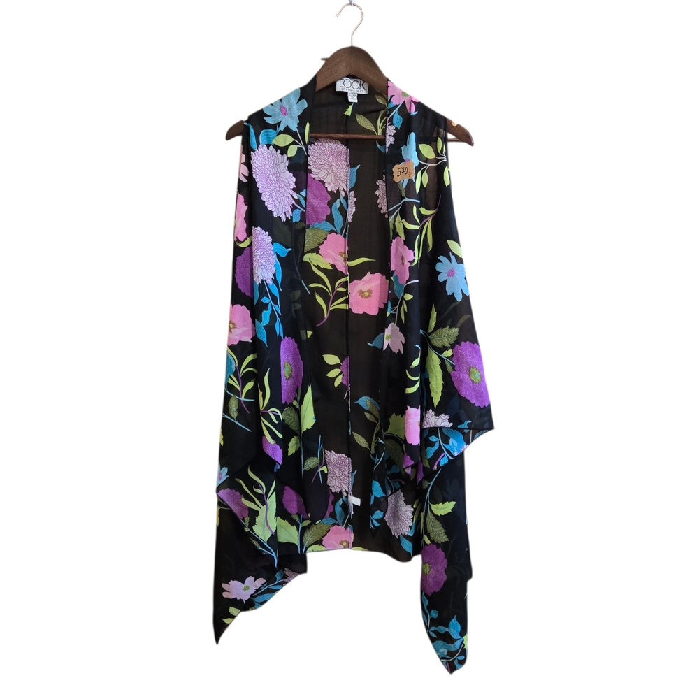 The Look Womens Sheer Kimono‎ 1 Size Sleeveless Black Floral Open Front
